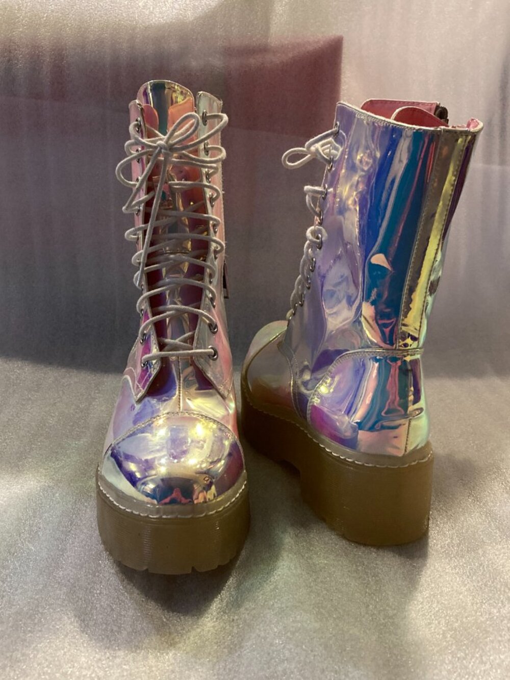 Dolls Kill Current Mood Holographic Iridescent Combat Boots - Picture 3 of 6